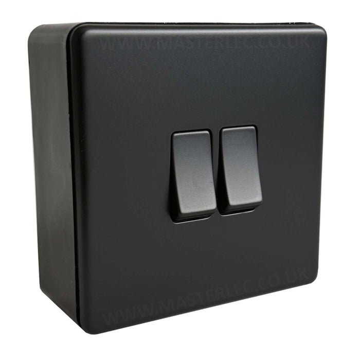Matt Black Screwless Flatplate Double Light Switch with 32mm Black Surface Pattress Back Box