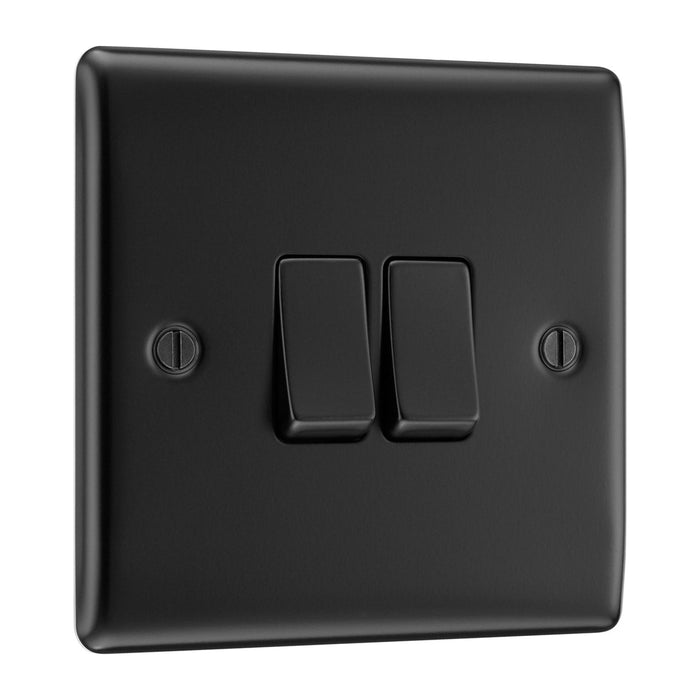 Matt Black 2 Gang Double Light Switch with 32mm Black Surface Pattress Back Box