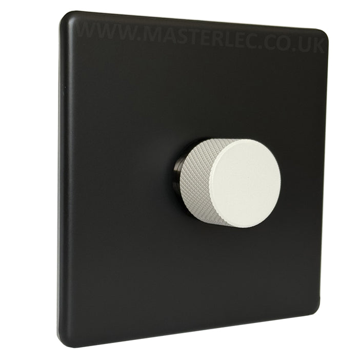 Matt Black Screwless Single 1 Gang Dimmer Switch with Matt White Knurled Dimmer Knob