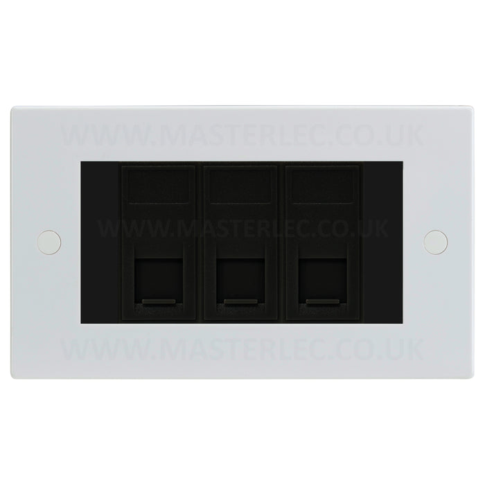 White Square Edge 3 Gang RJ45 CAT6A Data Ethernet Outlet Socket Black Insert 3 Port