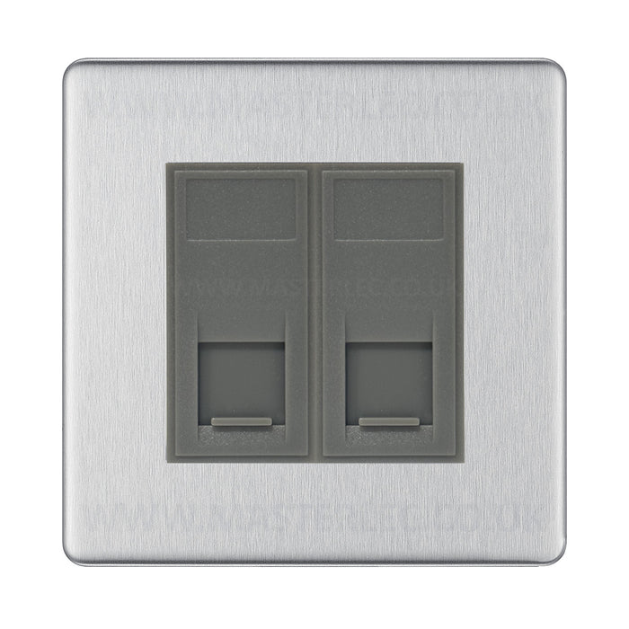 BG Screwless Brushed Steel FBSRJ4526AG 2 Gang RJ45 CAT6A Data Ethernet Outlet Socket Grey Insert