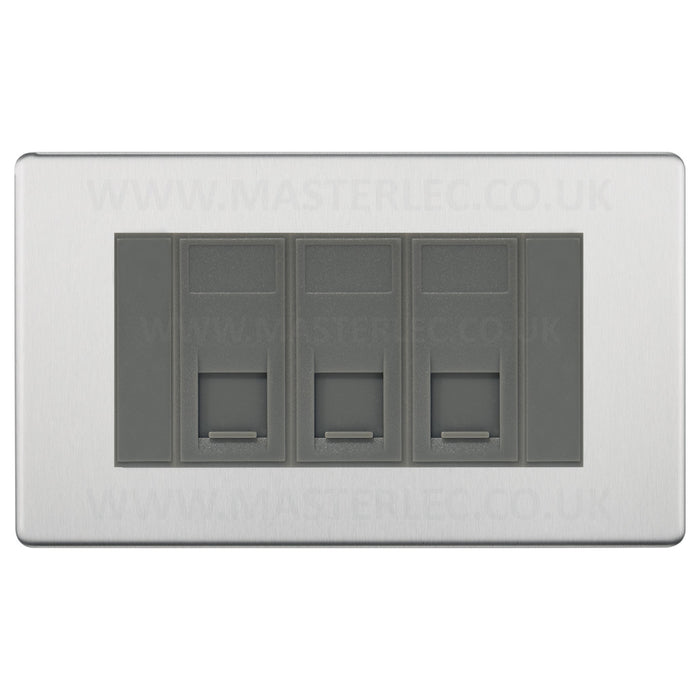 BG Screwless Brushed Steel FBSRJ4536AG 3 Gang RJ45 CAT6A Data Ethernet Outlet Socket Grey Insert