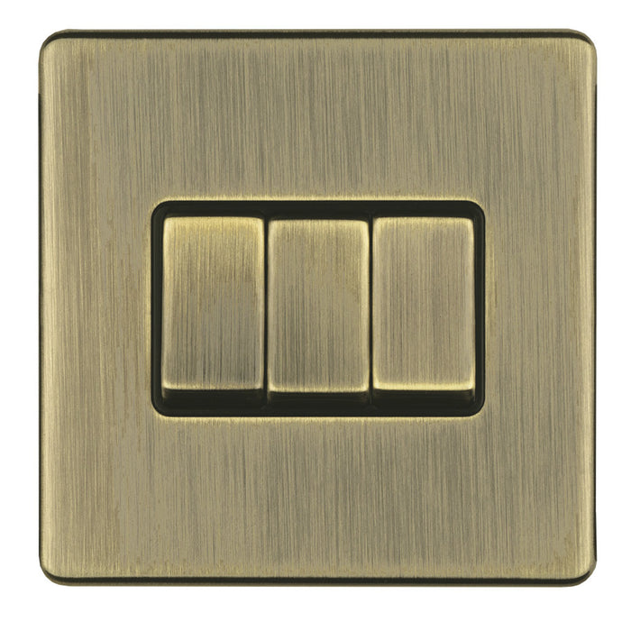 Antique Brass Screwless Triple Light Switch 10 Amp 2 Way Flat Concealed Plate CAB43