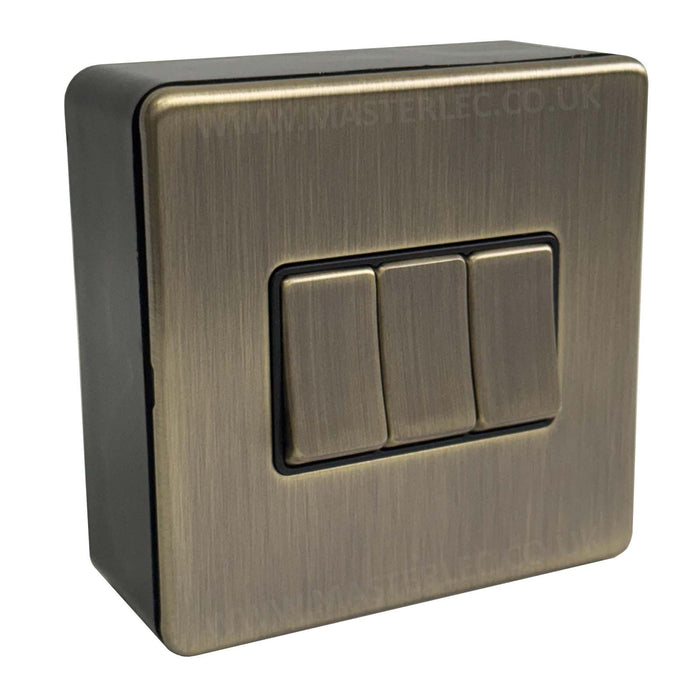Antique Brass Screwless 3 Gang Triple Light Switch & 32mm Black Surface Pattress Back Box