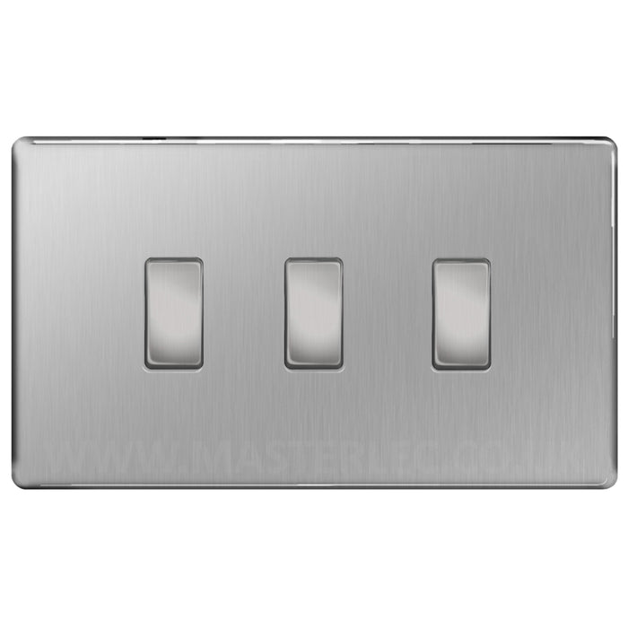 BG Brushed Steel Screwless Flat Plate 3 Gang Light Switch in Double Format Custom Switch