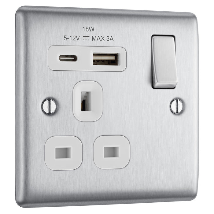 BG NBS21UAC18W Brushed Steel Single Socket with USB 18W Type A & C USB White Inserts