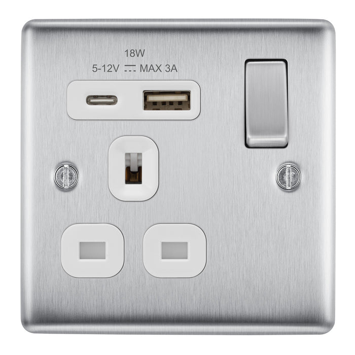 BG NBS21UAC18W Brushed Steel Single Socket with USB 18W Type A & C USB White Inserts