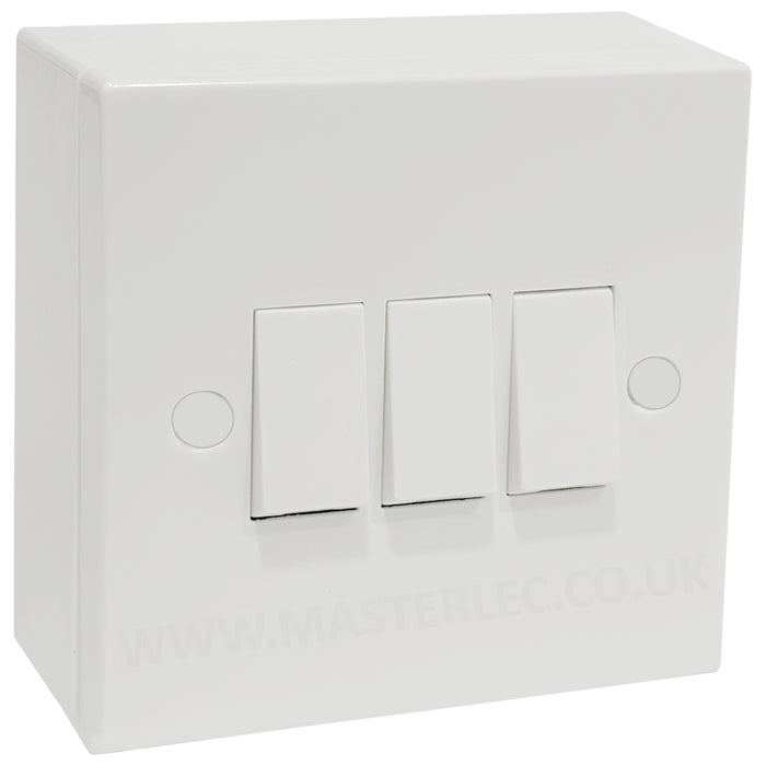 White 3 Gang Square Edge Triple Light Switch & 25mm Surface Pattress Back Box