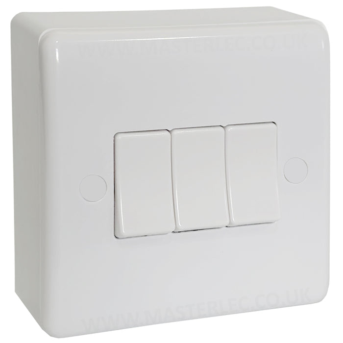 White 3 Gang Curved Edge Triple Light Switch & 25mm Surface Pattress Back Box