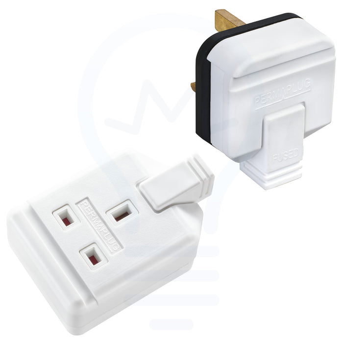 Permaplug 13A Heavy Duty Rubber 1 Gang Plug Top & Trailing Socket Set White