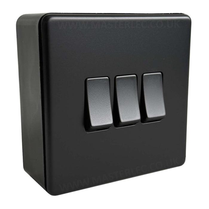 Matt Black Screwless Flatplate Triple Light Switch with 32mm Black Surface Pattress Back Box