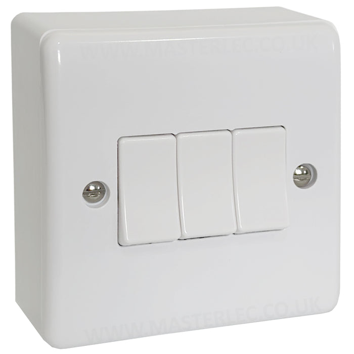 White 3 Gang Curved Edge Triple Light Switch & 25mm Surface Pattress Back Box