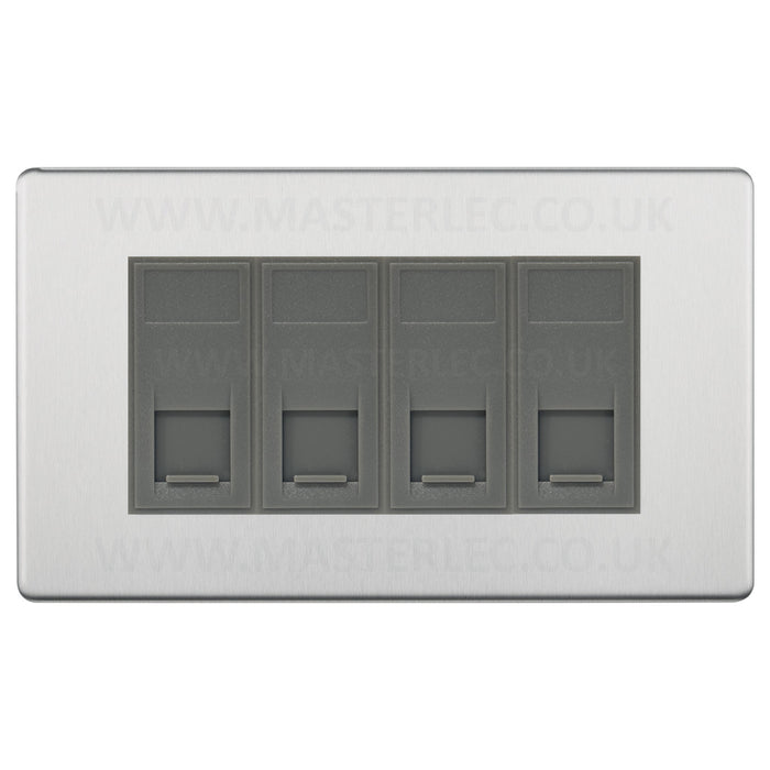 BG Screwless Brushed Steel FBSRJ4546AG 4 Gang RJ45 CAT6A Data Ethernet Outlet Socket Grey Insert
