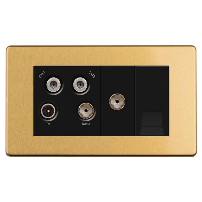 Antique Gold Screwless Quadplex TV FM and Satellite x2 + Return & 1 Gang Tel Satin Brass CAG69B