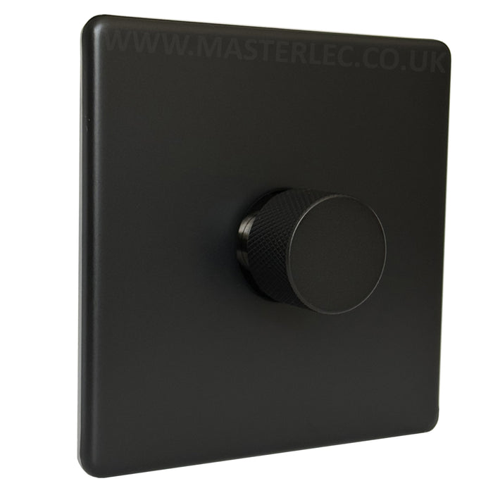 Matt Black Screwless Single 1 Gang Dimmer Switch with Matt Black Knurled Dimmer Knob