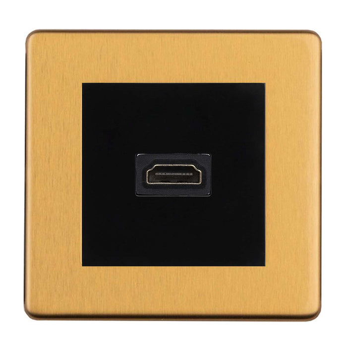 Antique Gold Screwless 1 Gang HDMI Socket Black Insert Flat Concealed Plate Satin Brass CAGHDMI1B