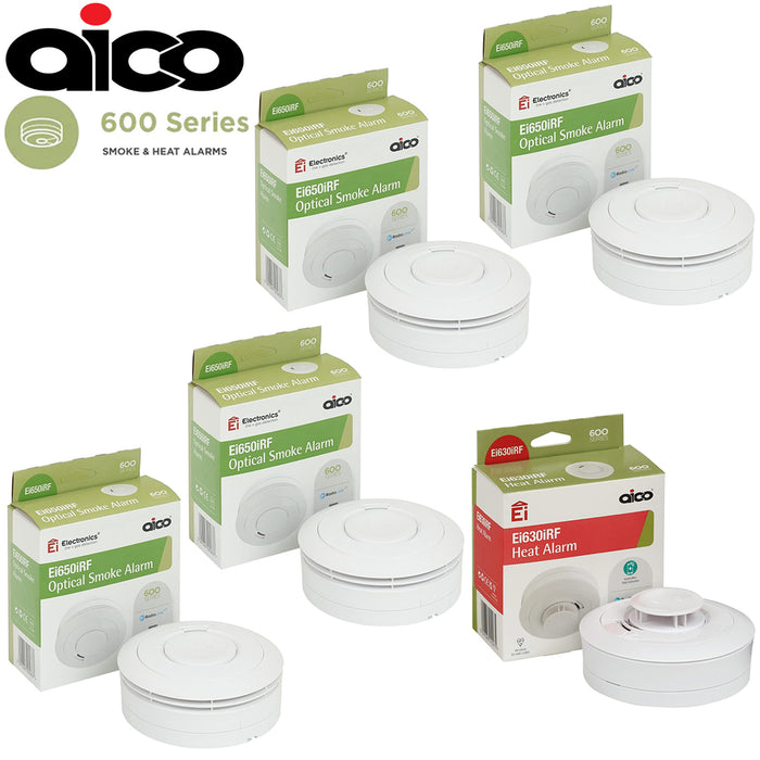 Aico Fire Alarm Kit 4x Ei650iRF Optical Smoke & 1x Ei630iRF Heat Alarm Kit Battery Powered RadioLINK 600 Series