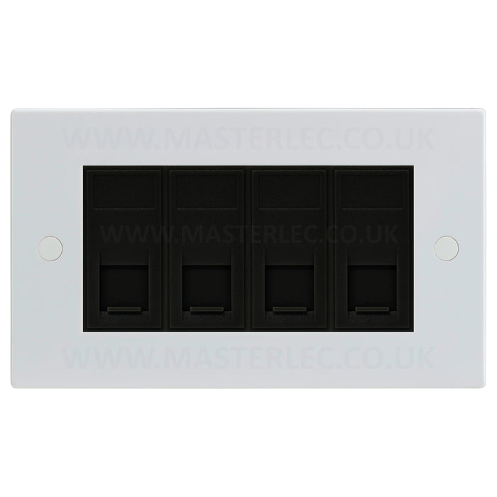 White Square Edge 4 Gang RJ45 CAT6A Data Ethernet Outlet Socket Black Insert 4 Port