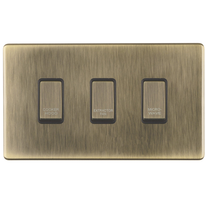 Antique Brass Screwless Custom Labelled Kitchen Appliance Grid Switch 3 Gang CAB3GA