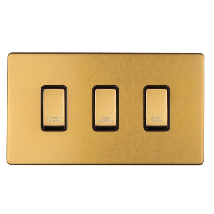 Antique Gold Screwless Custom Labelled Kitchen Appliance Grid Switch 3 Gang Satin Brass CAG3GA