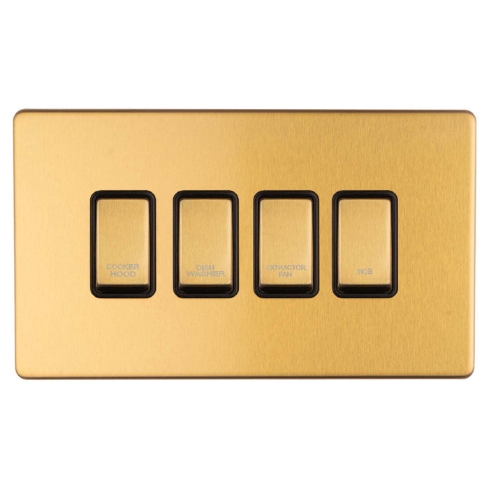 Antique Gold Screwless Custom Labelled Kitchen Appliance Grid Switch 4 Gang Satin Brass CAG4GA