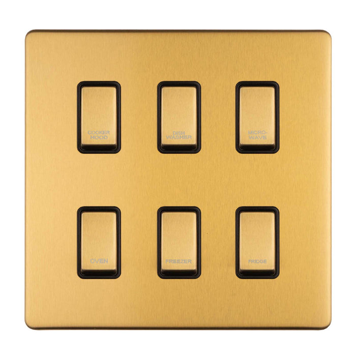 Antique Gold Screwless Custom Labelled Kitchen Appliance Grid Switch 6 Gang Satin Brass CAG6GA