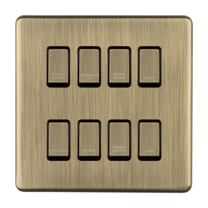 Antique Brass Screwless Custom Labelled Kitchen Appliance Grid Switch 8 Gang CAB8GA