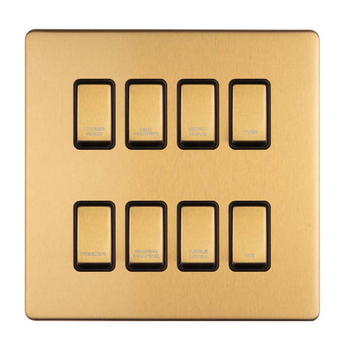 Antique Gold Screwless Custom Labelled Kitchen Appliance Grid Switch 8 Gang Satin Brass CAG8GA