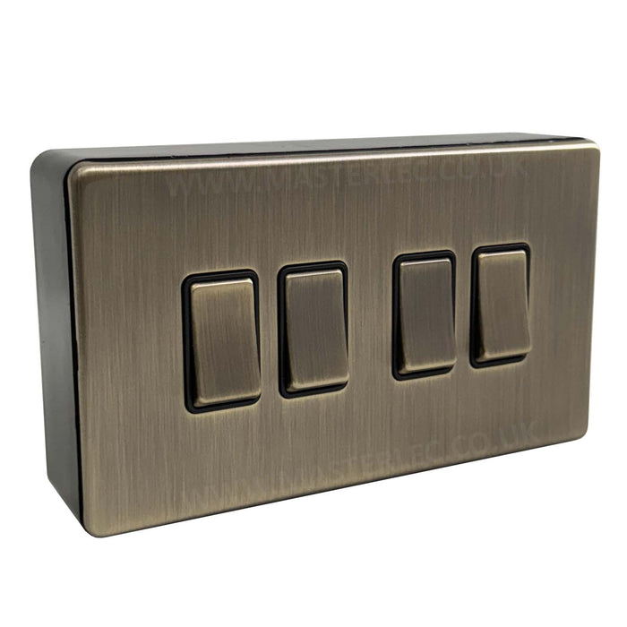 Antique Brass Screwless 4 Gang Quad Light Switch & 32mm Black Surface Pattress Back Box