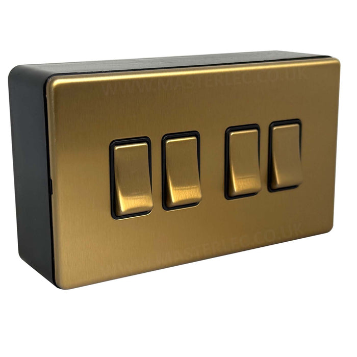 Antique Gold / Satin Brass Screwless 4 Gang Quad Light Switch & 32mm Black Surface Pattress Back Box