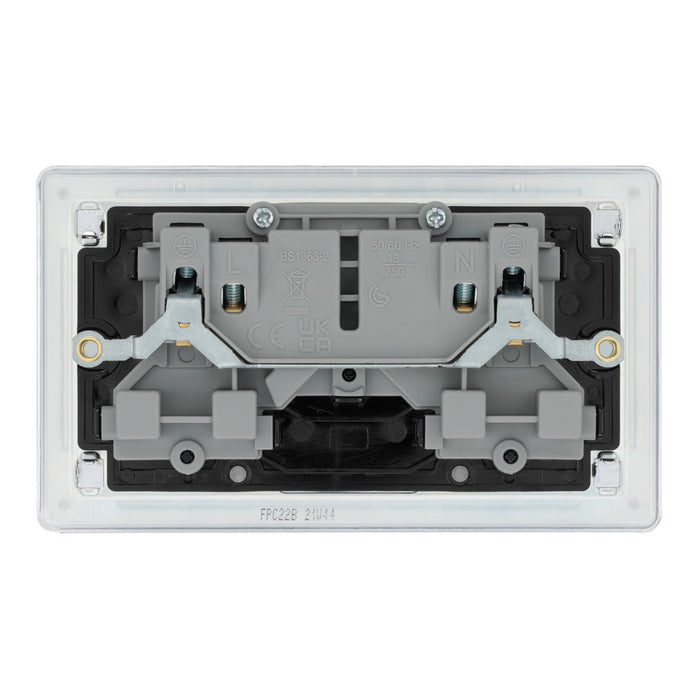 BG Nexus Screwless Flat Plate Polished Chrome Double Socket FPC22B Black Inserts 13 Amp