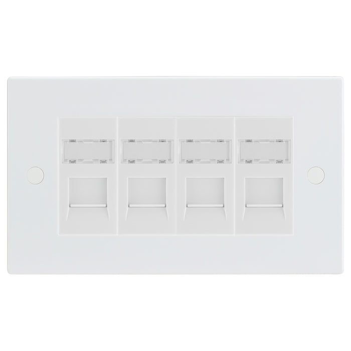 White Square Edge 4 Gang RJ45 CAT6 Data Wall Socket White Inserts 4 Port