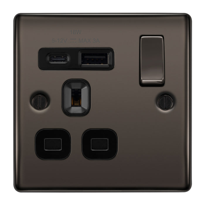 BG NBN21UAC18B Black Nickel Single Socket with USB 18W Type A & C USB Black Inserts