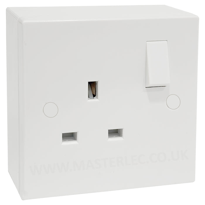 White 1 Gang Square Edge Single Socket & 25mm Surface Pattress Back Box