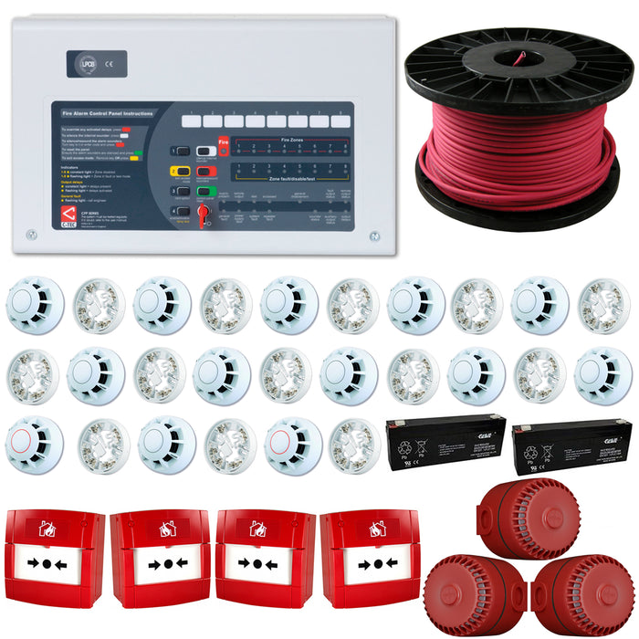 C-TEC 4 Zone Conventional Fire Alarm Kit 14 Detectors 4 Call Points 3 Sounders 100m Fire Alarm Cable