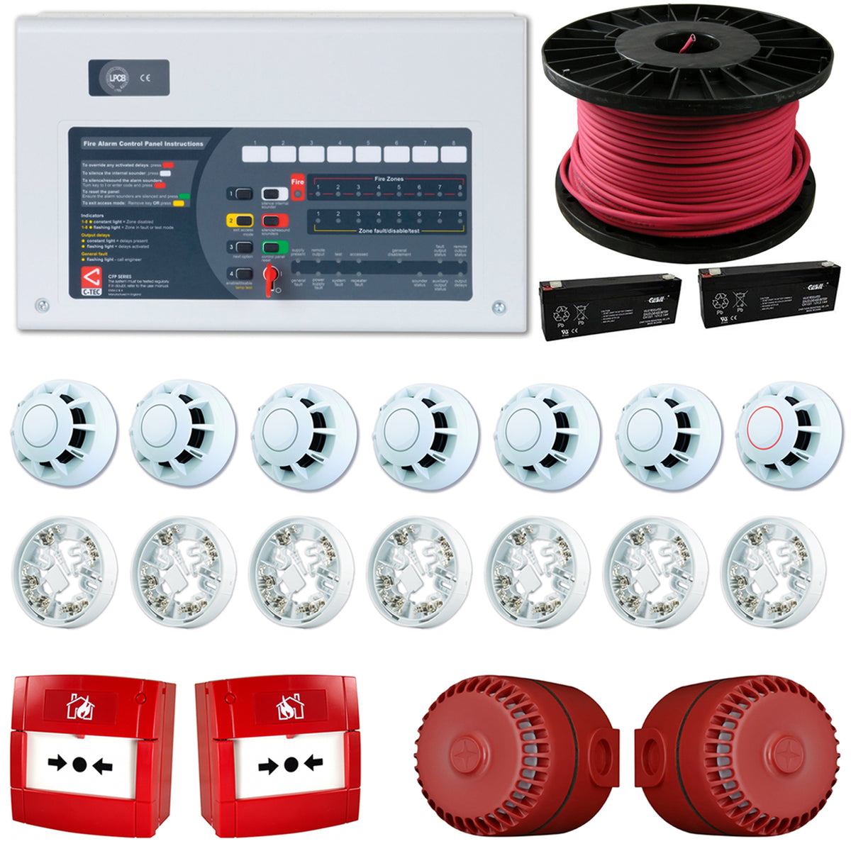 C-TEC 4 Zone Conventional Fire Alarm Kit 7 Detectors 2 Call Points 2 S ...