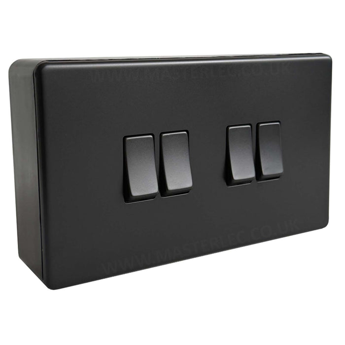 Matt Black Screwless Flatplate Quad Light Switch with 32mm Black Surface Pattress Back Box