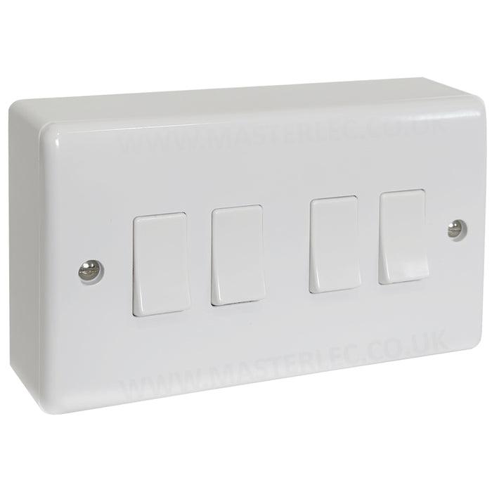 White 4 Gang Curved Edge Quad Light Switch & 25mm Surface Pattress Back Box