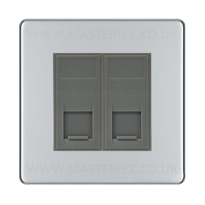 BG Screwless Polished Chrome FPCRJ4526AG 2 Gang RJ45 CAT6A Data Ethernet Outlet Socket Grey Insert