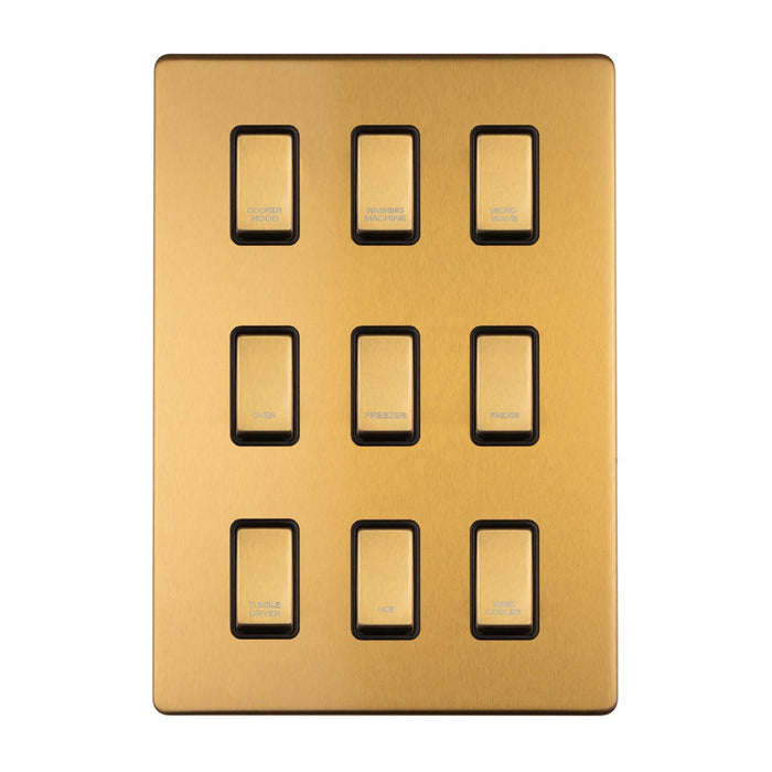 Antique Gold Screwless Custom Labelled Kitchen Appliance Grid Switch 9 Gang Satin Brass CAG9GA
