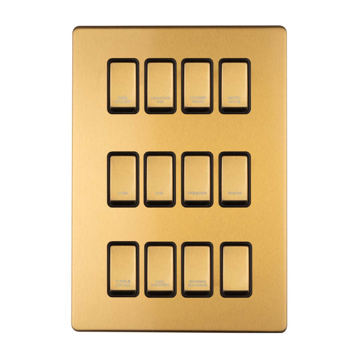 Antique Gold Screwless Custom Labelled Kitchen Appliance Grid Switch 12 Gang Satin Brass CAG12GA