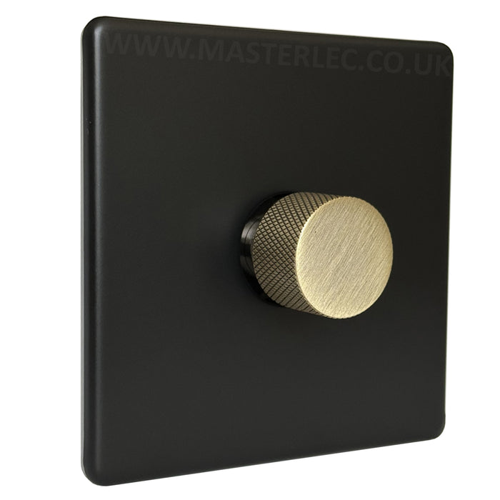 Matt Black Screwless Single 1 Gang Dimmer Switch with Antique Brass Knurled Dimmer Knob