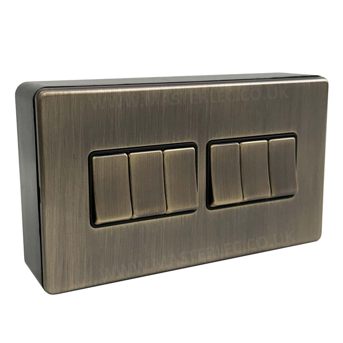 Antique Brass Screwless 6 Gang Light Switch & 32mm Black Surface Pattress Back Box