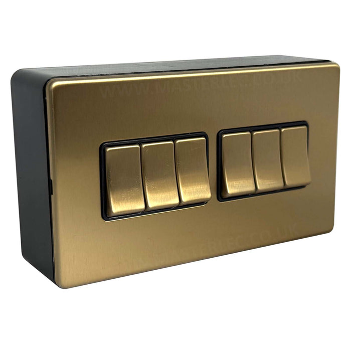 Antique Gold / Satin Brass Screwless 6 Gang Light Switch & 32mm Black Surface Pattress Back Box