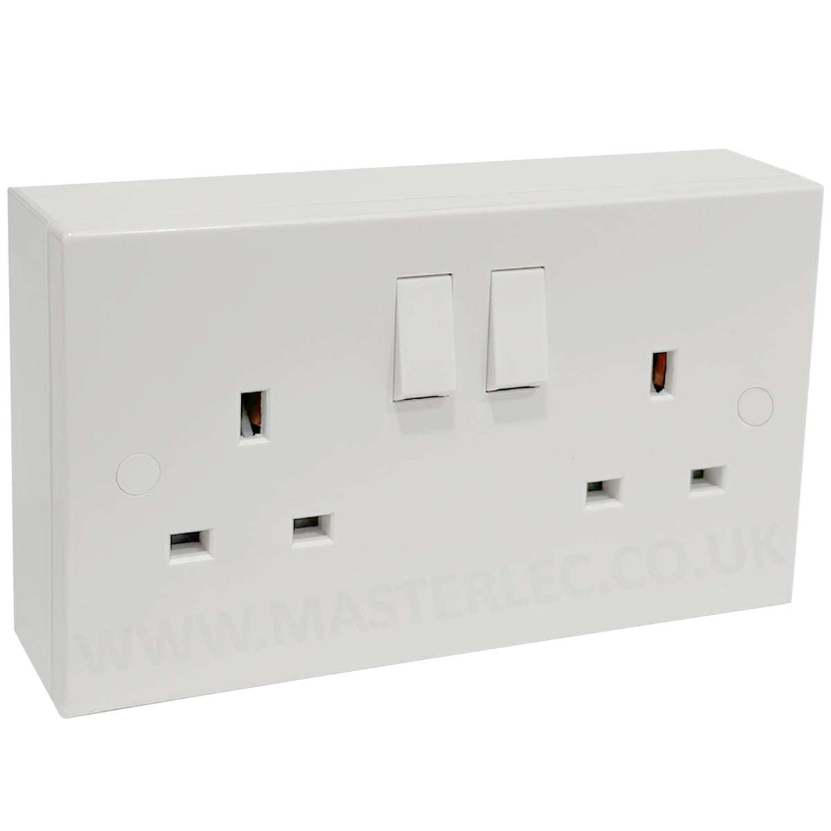 White 2 Gang Square Edge Double Socket & 25mm Surface Pattress Back Bo ...