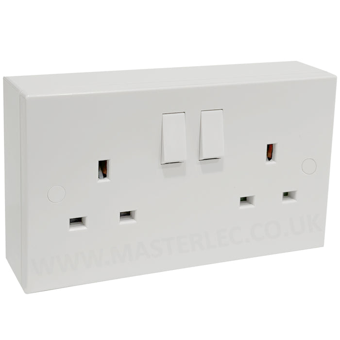 White 2 Gang Square Edge Double Socket & 25mm Surface Pattress Back Box