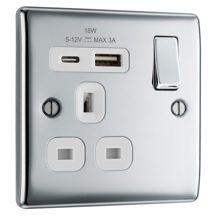 BG NPC21UAC18W Polished Chrome Single Socket with USB 18W Type A & C USB White Inserts