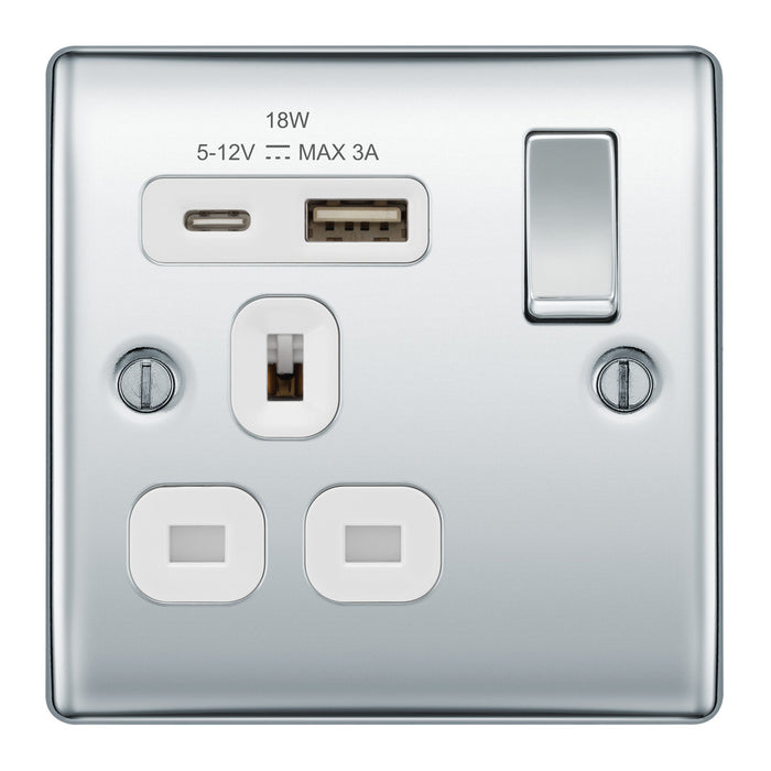 BG NPC21UAC18W Polished Chrome Single Socket with USB 18W Type A & C USB White Inserts