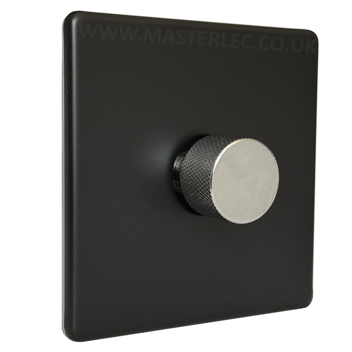 Matt Black Screwless Single 1 Gang Dimmer Switch with Polished Chrome Knurled Dimmer Knob