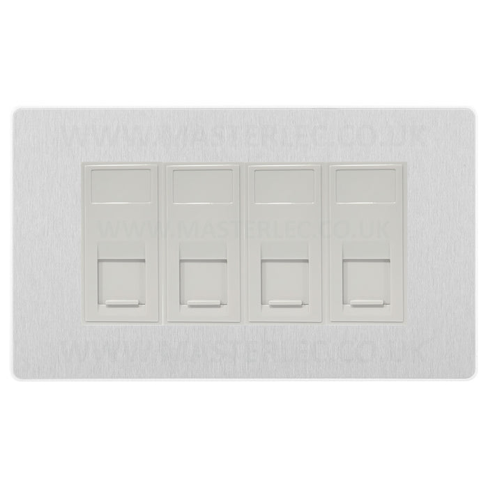 BG Evolve Brushed Steel PCDBSRJ4546AW 4 Gang RJ45 CAT6A Data Ethernet Outlet Socket White Insert